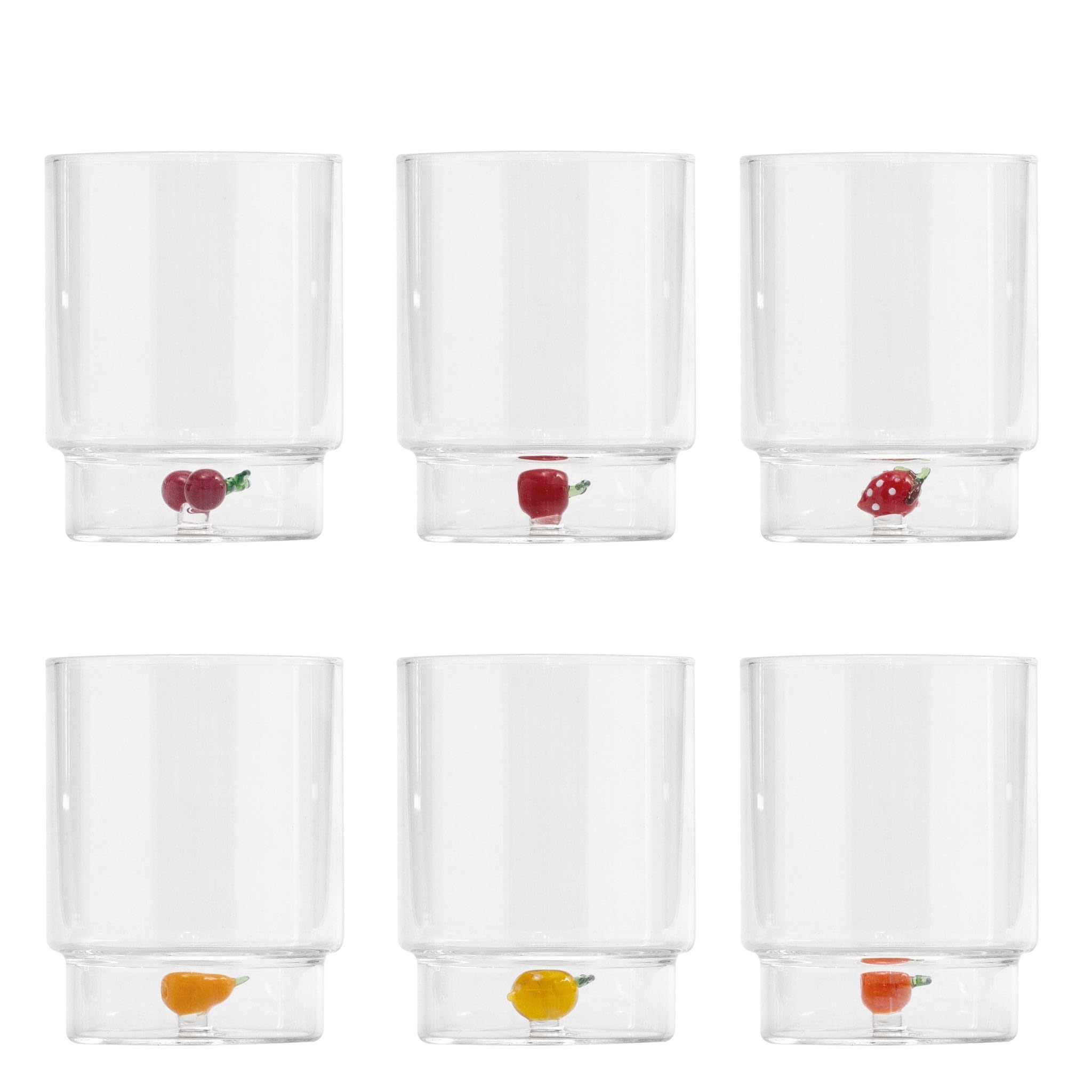 Zafferano Teca Frutta Mix - Set 6 Bicchieri in Vetro Borosilicato con Frutta - Tumbler 35 cl Doppio Fondo Decorato a Mano, Lavabili Facilmente
