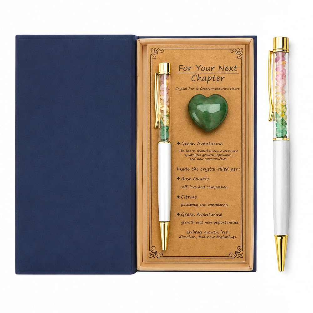 WALLFID Crystal Pen and Heart Crystal Set with Gift Box，Green Aventurine