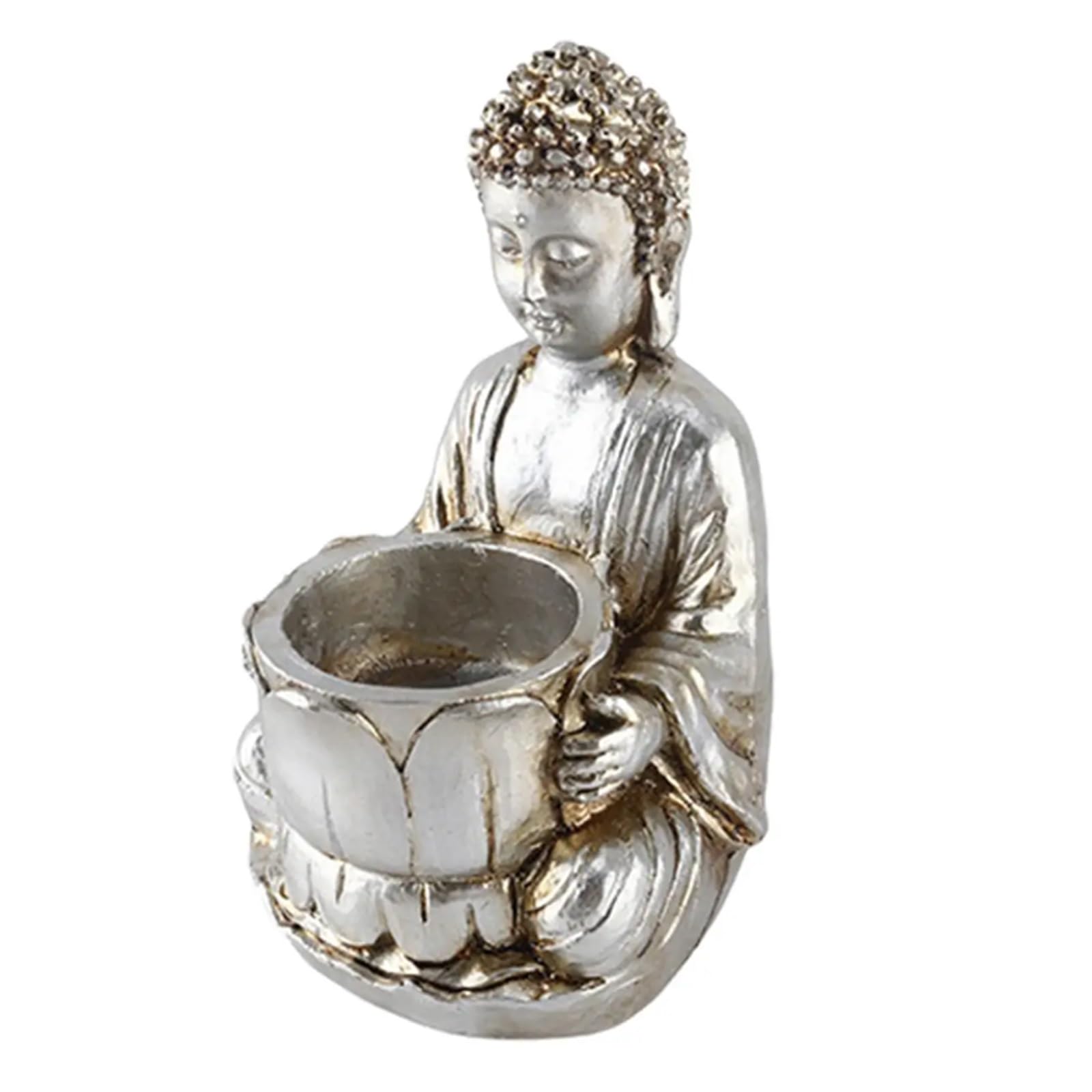 Resin Buddha Statue Candle Holder, Meditating Sculpture Candlestick for Aromatherapy Light Cup Home Altar Decor(Silver)