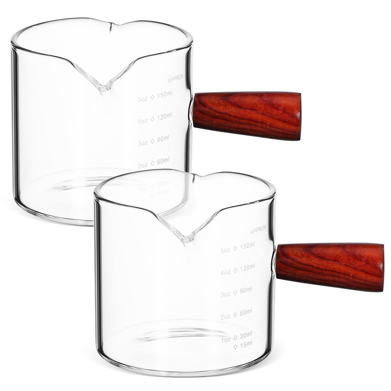 Taza medidora de vidrio espresso con mango madera, jarra pequeña graduada 150ml