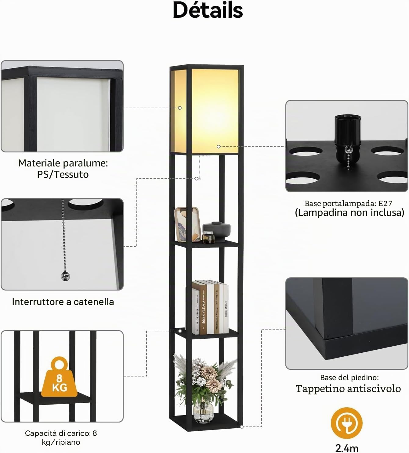 YU YUSING LED Lampada da Terra in Legno, 1,6 M Lampada a Stelo con 3 Ripiani e Base E27, Lampada da Comodino con Scaffale Paralumi per Camera da Letto Soggiorno Uffici (Nero)