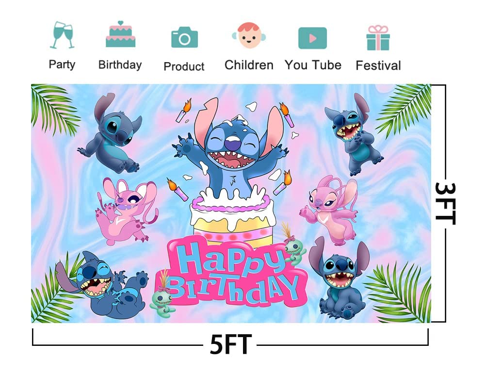 huio Summer Hawaiian Aloha Backdrop for Lilo and Stitch Theme Birthday Party Supplies 5x3ft Tropical Photo Background for Stitch Theme Party Cake Table Decorations Baby Shower Banner