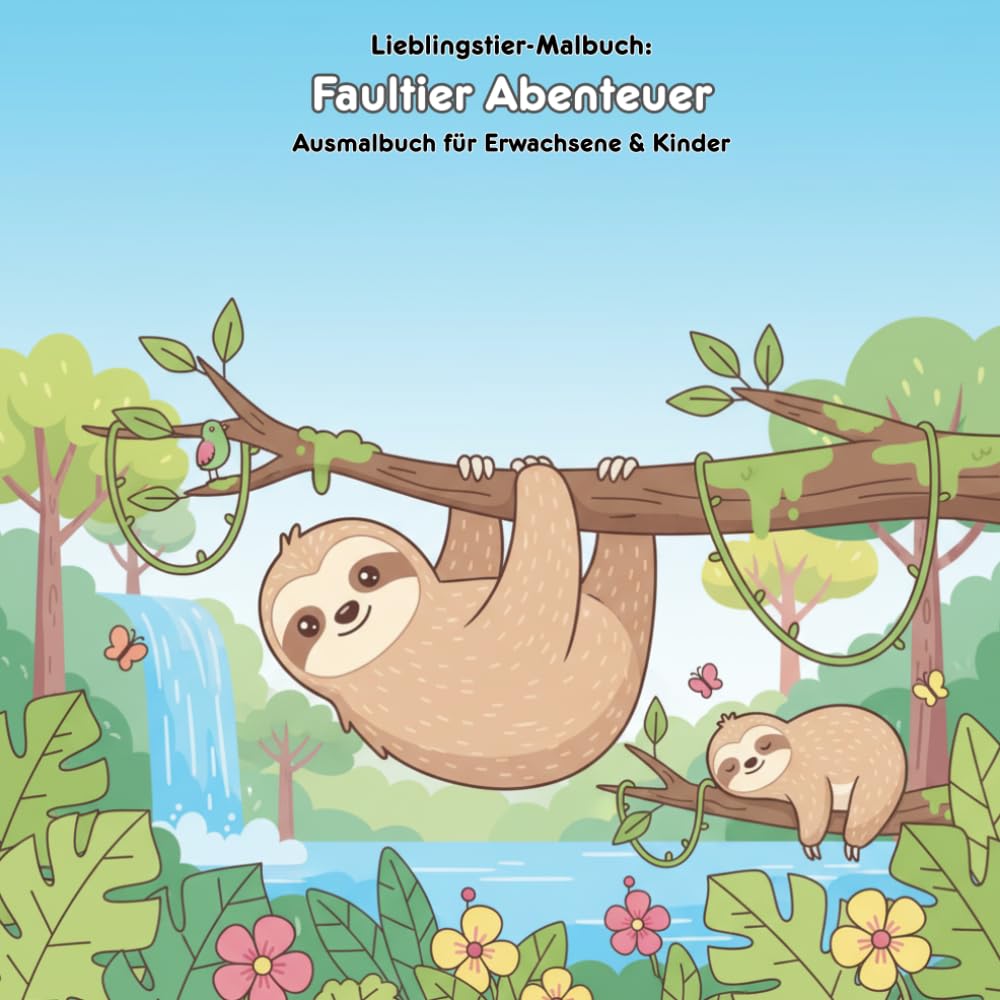 Faultier Abenteuer: Geschichte & Malbuch: Für Erwachsene & Kinder | 36 Ausmalbilder | 21.59 x 21.59 cm | Große Motive für kleine Künstler