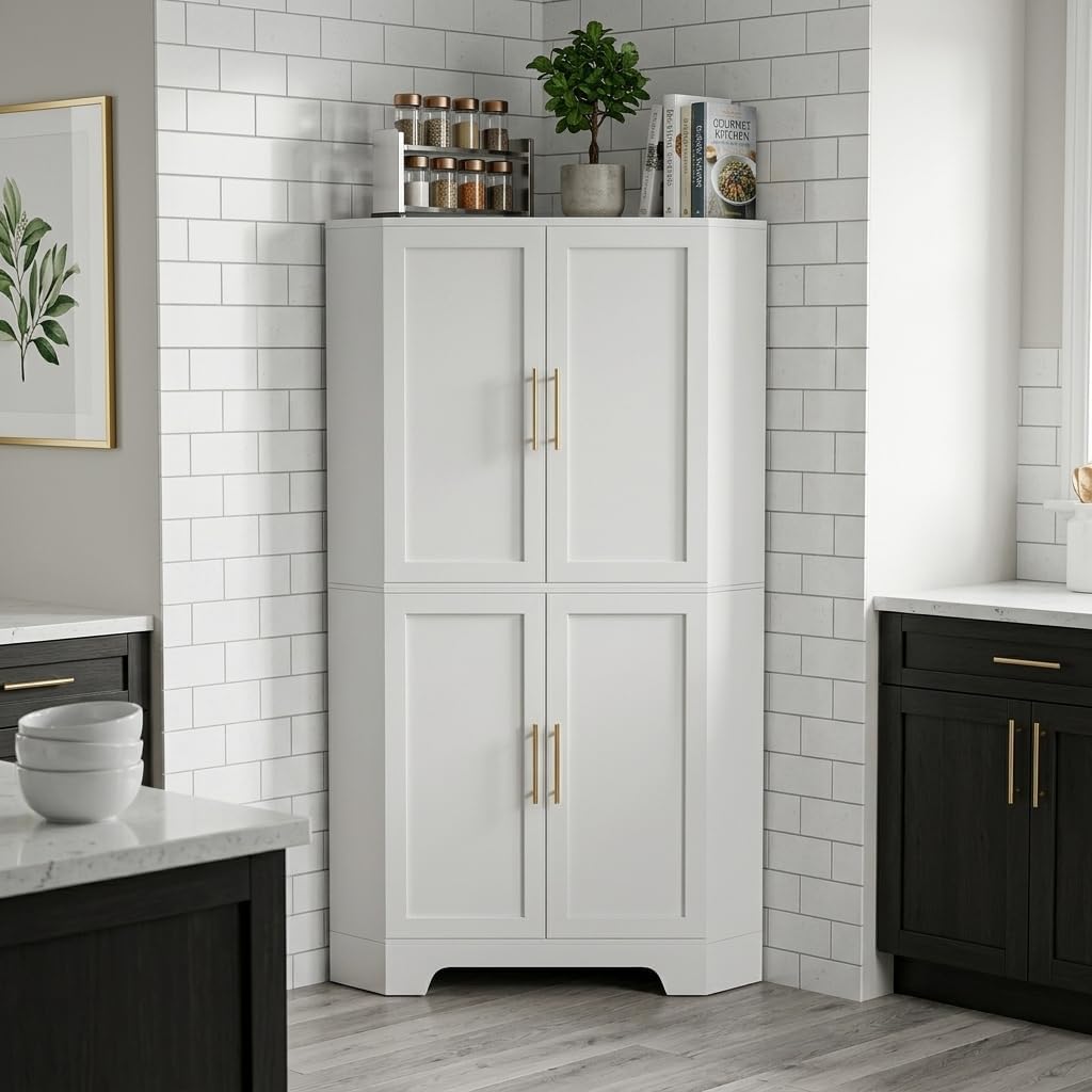 Corner Cabinet, Metal Storage, Kitchen Pantry Cabinet with Adjustable Shelves & Spice Rack, Tall Freestanding Corner Pantry with Shaker Doors & Gold Handles for Kitchen, Bathroom, Living Room (White)
