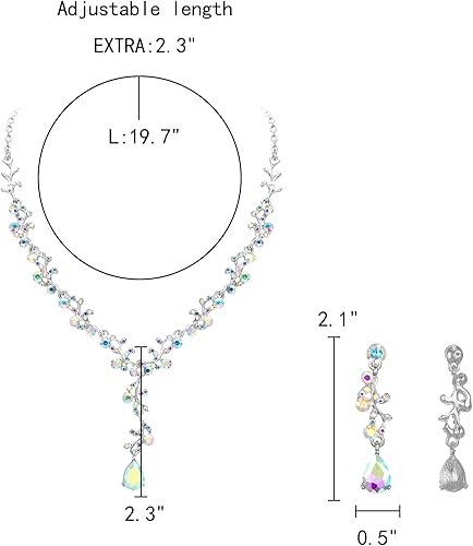Vista 5 de EleQueen Austrian Crystal Necklace Earrings Bridal Jewerly Set for Brides Wedding Party Dress Costume Accessories for Women Iridescent AB Silver-Tone