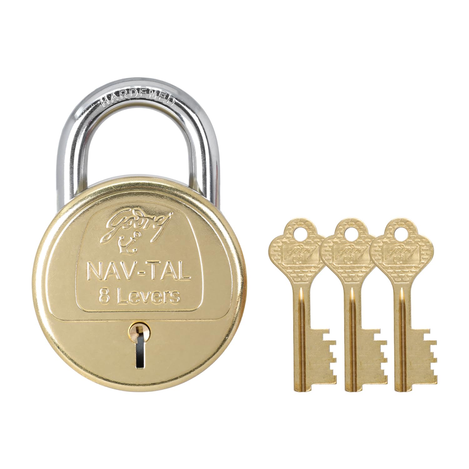 Godrej Locking Solutions and Systems Nav-tal 8 Levers Brass Finish Padlock for Home with 3 Keys (Gold)