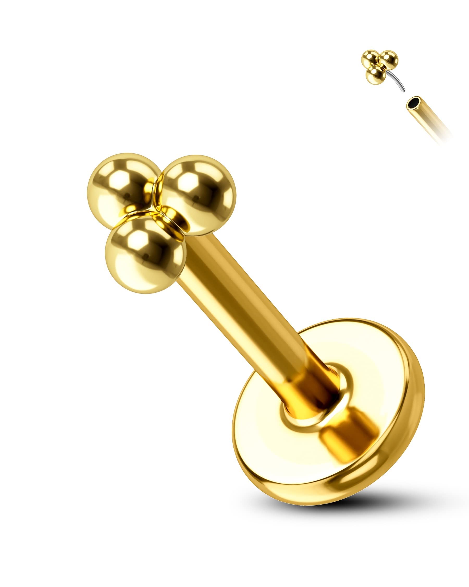 COCHARM14K Gold Triple Ball Threadless Tragus Earrings 16g Push in Flat Back Helix Piercing