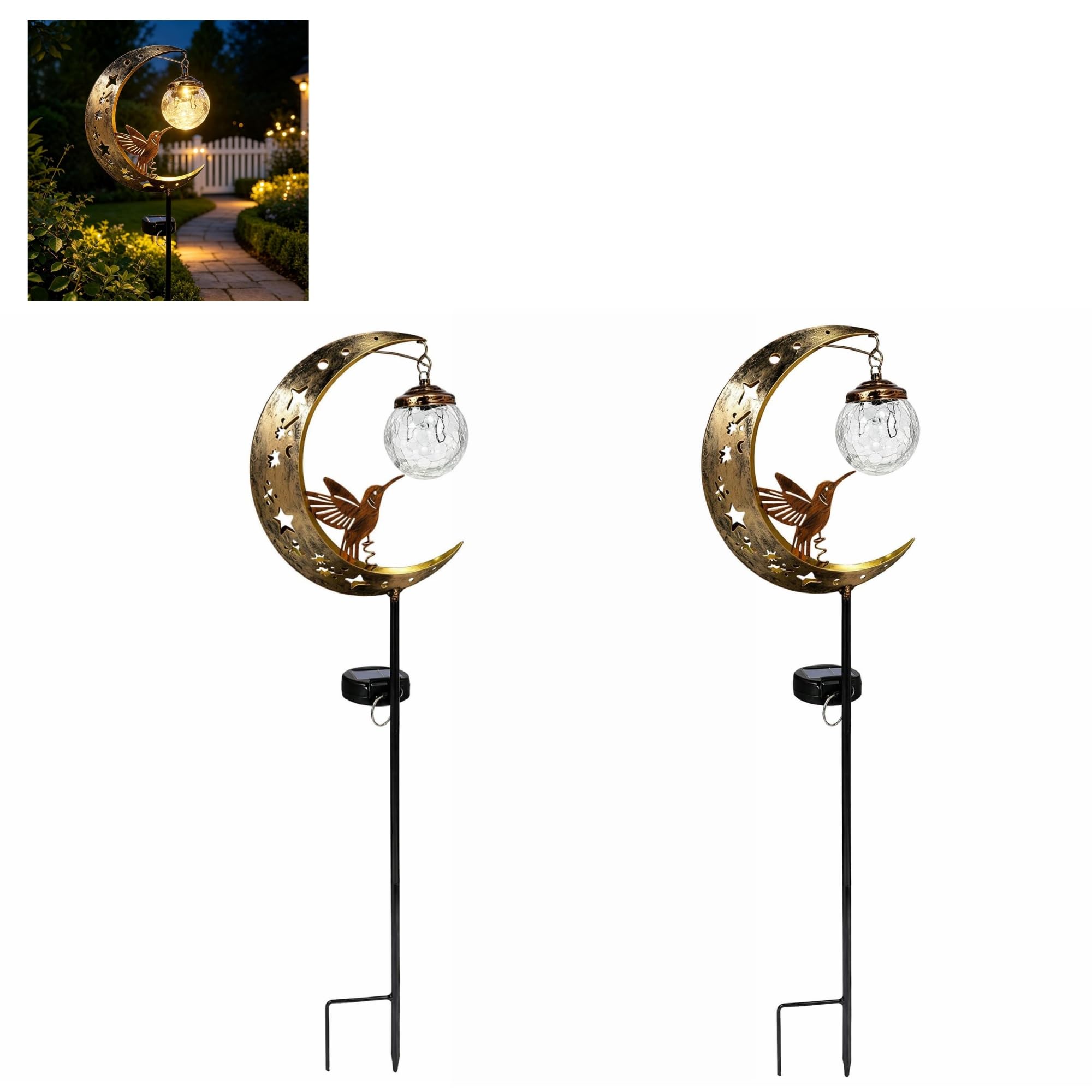 Kolibri Mond Solarleuchten Garten, wasserdichte Solar-Gartenstatuen, 2 | Halbmond-LED-Weg-Dekor mit Vogel, Craquelé-hängende Glaskugel aus Metall, Halbmond, für Hof, Weg, Rasen, Terrasse, Dekor