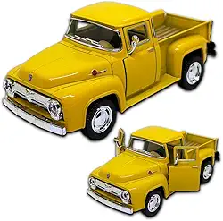 Carrinho De Ferro Miniatura Ford F100 Pickup 1956, 12,5 CM, miniatura de carro colecionável, abertura de portas laterais, rodinhas de borracha com fricção (Amarelo)