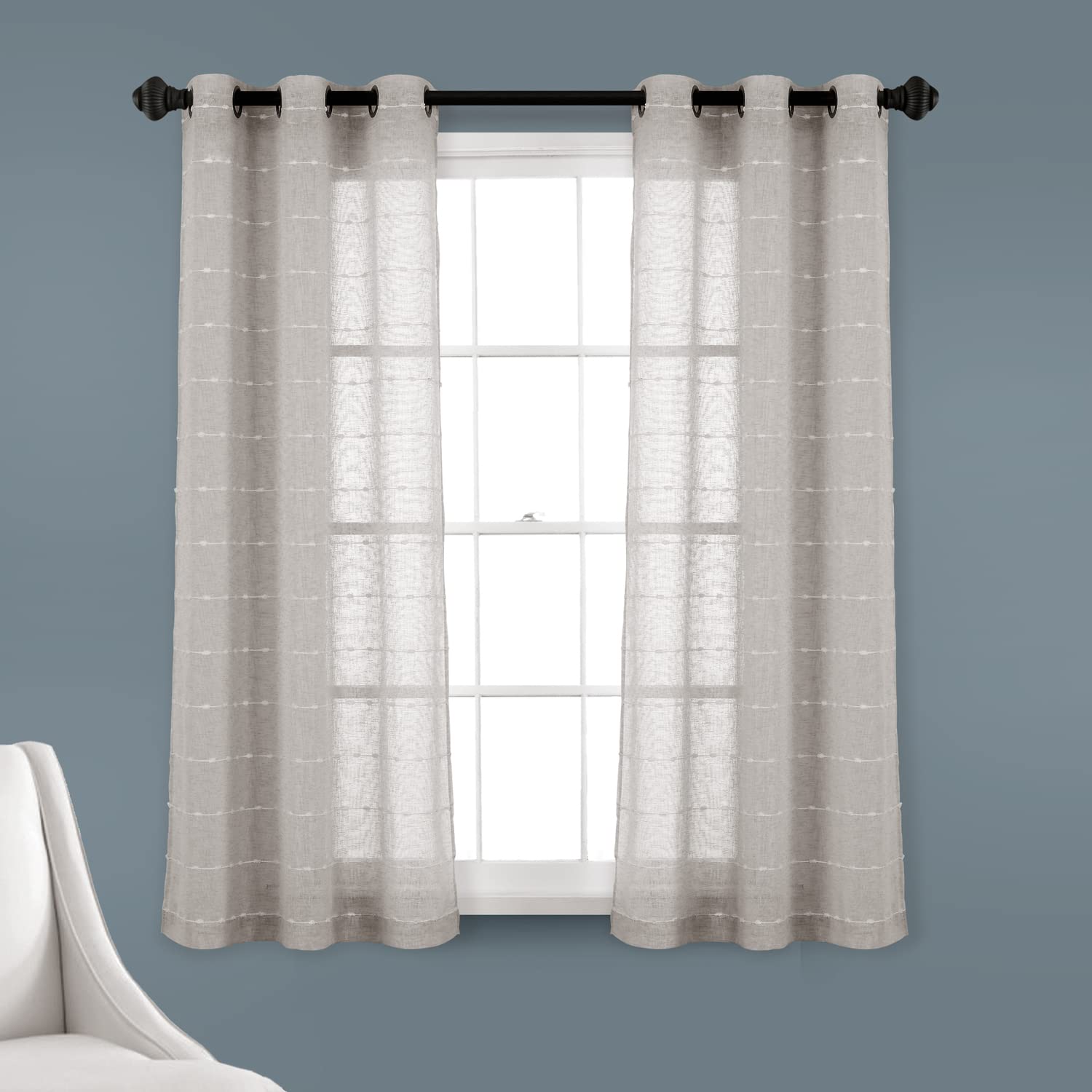 Lush Decor Farmhouse Textured Grommet Sheer Window Curtain Panel Pair, 38"W x 63"L, Gray