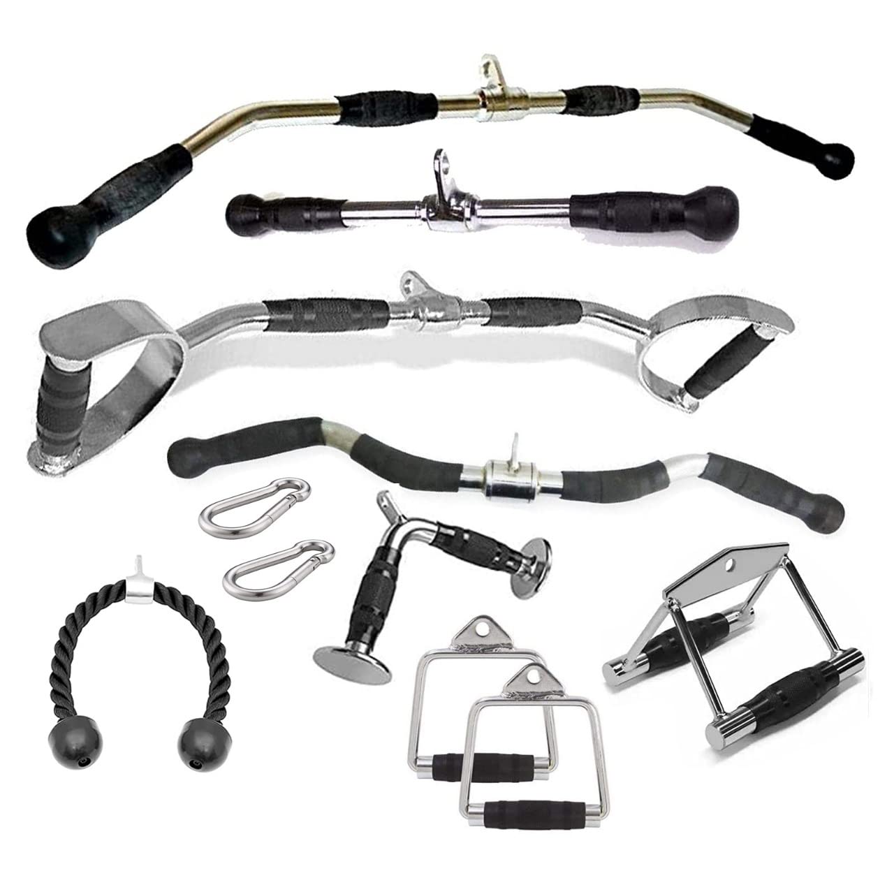 ZEBB Cable Machine Attachments Combo; High Pulley LAT Bar, D Handle