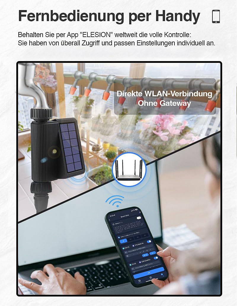 Royal Gardineer Solar Bewässerungssystem: WLAN-Bewässerungscomputer, Solar, Wassermengenzähler, App, IP65 (Bewässerung Computer Bluetooth, Bewässerungscomputer Solarpanel, Zähler)