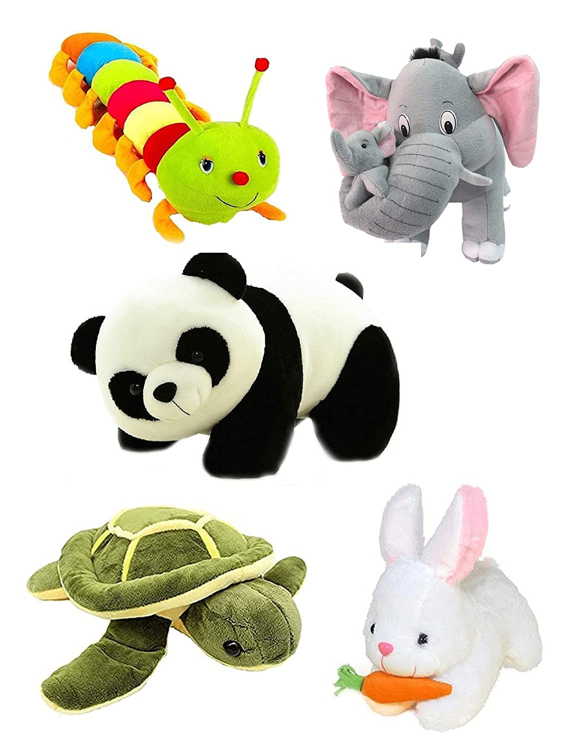 YASHVI Enterprises Solutions Caterpillar, Rabbit, Panda, Elephant, Turtle Soft Toy, Baby Toys, Kids Toy, Soft Toy, Toy for Girl, Birthday Gift for Girl/Boys, Combo Pack of 5
