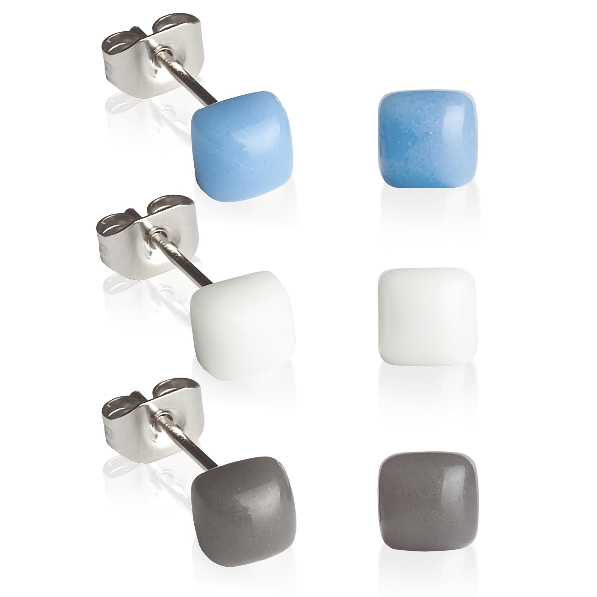 3er Ohrstecker Set für 3 Ohrlöcher • Winzige Ohrstecker mit Stein in 20 Farben • Ohrringe für 1, 2 & 3 Ohrloch • recyceltes Glas & Edelstahl • Handgemacht & nachhaltig • 4mm