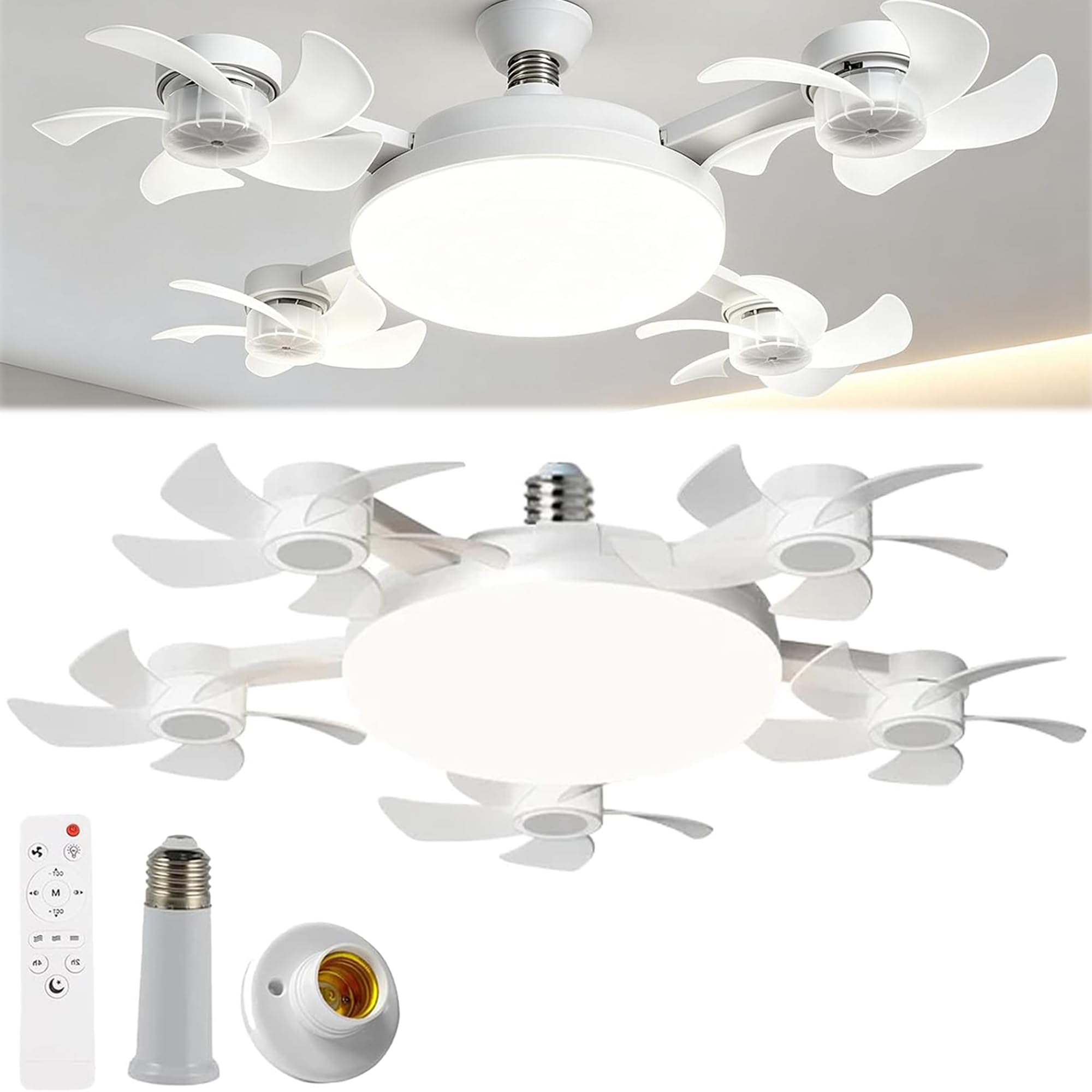 New E27 Socket Ceiling Fan Light, 2-in-1 Silent LED Fan with Remote Control, 3 Wind Speeds & 3-Color Temperatures, Easy Install for Home, Bedroom, Dormitory (5Fans)
