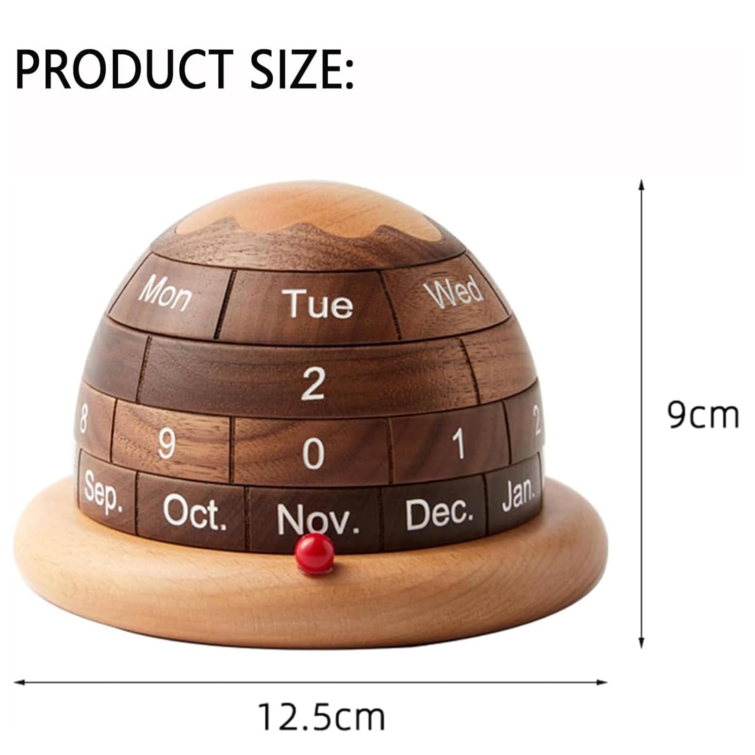 Rotierender Holzkalender, Abnehmbarer kuchenförmiger Tischkalender, kugelförmiger ewiger Kalender, Schreibtischzubehör, einzigartige Geschenkidee (Walnuss)