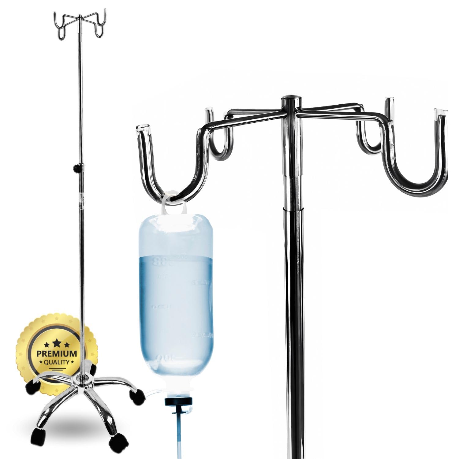 OrtoPrime Porta Suero Hospitalario y Hogar 4 GANCHOS Soporte Portasueros portátil ACERO INOXIDABLE Soporte Bolsa de Goteo 5 RUEDAS Pie de Gotero Portátil REGULABLE soporte porta sueros TRIPODE Suero