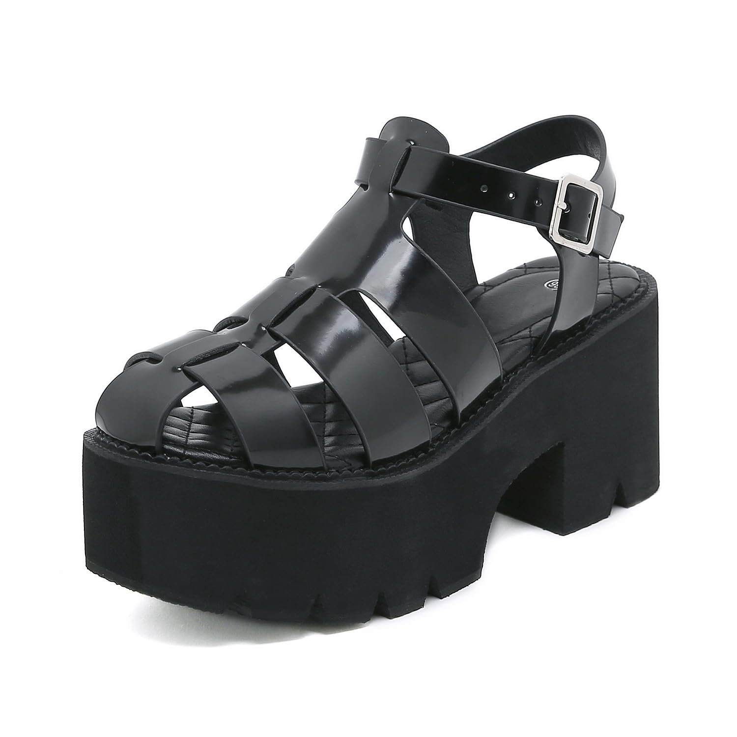Women's Black Block Chunky Platform Sandals, Goth Caged Ankle Strap Gladiator Sandals, Y2k Buckle Strappy Summer Fisherman Sandals