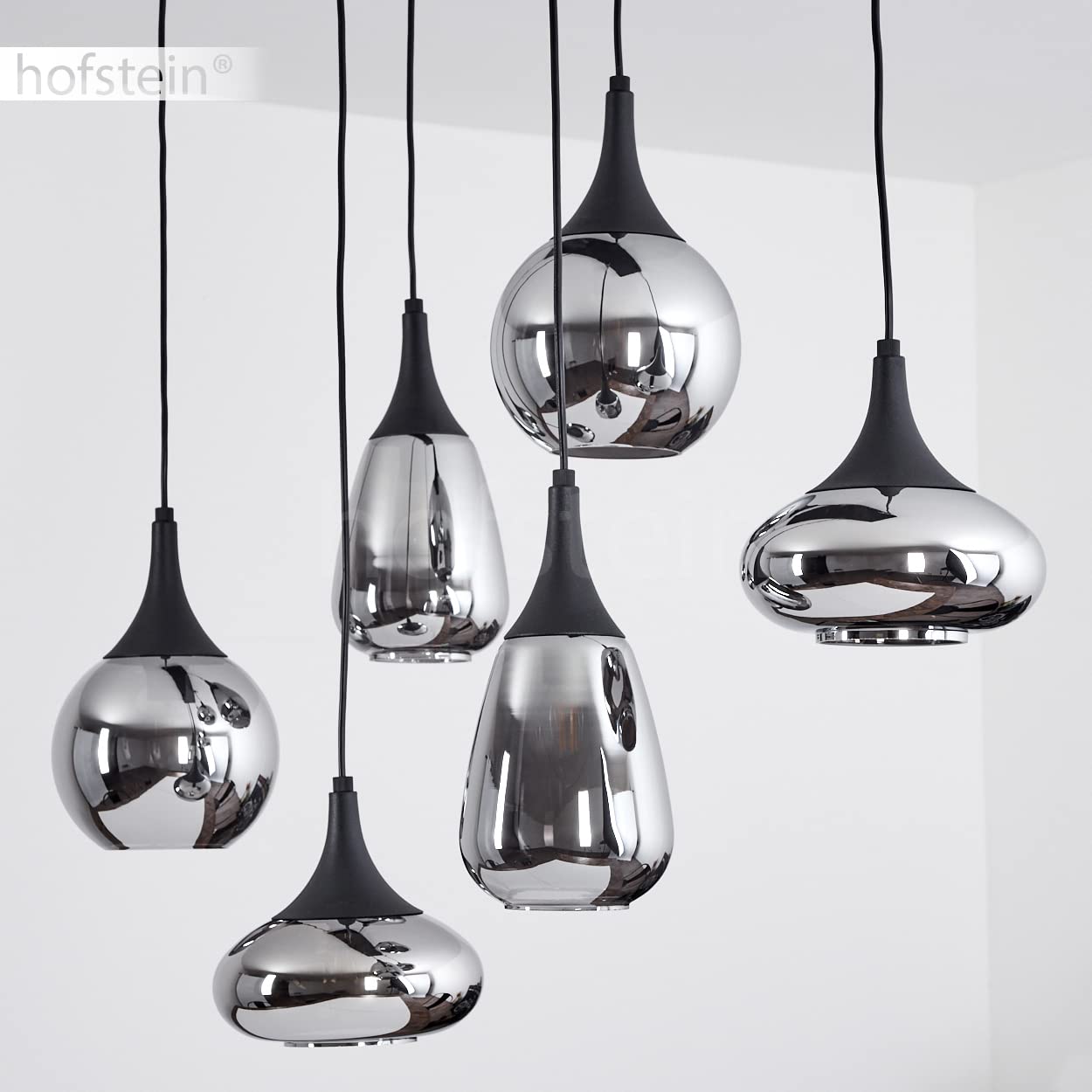Lampada a sospensione Maynal, lampada in metallo/vetro in colore nero/cromo, lampada dal design moderno con paralumi in vetro, 6 luci, altezza massima 150 cm, 6 x E14, senza lampadina/e