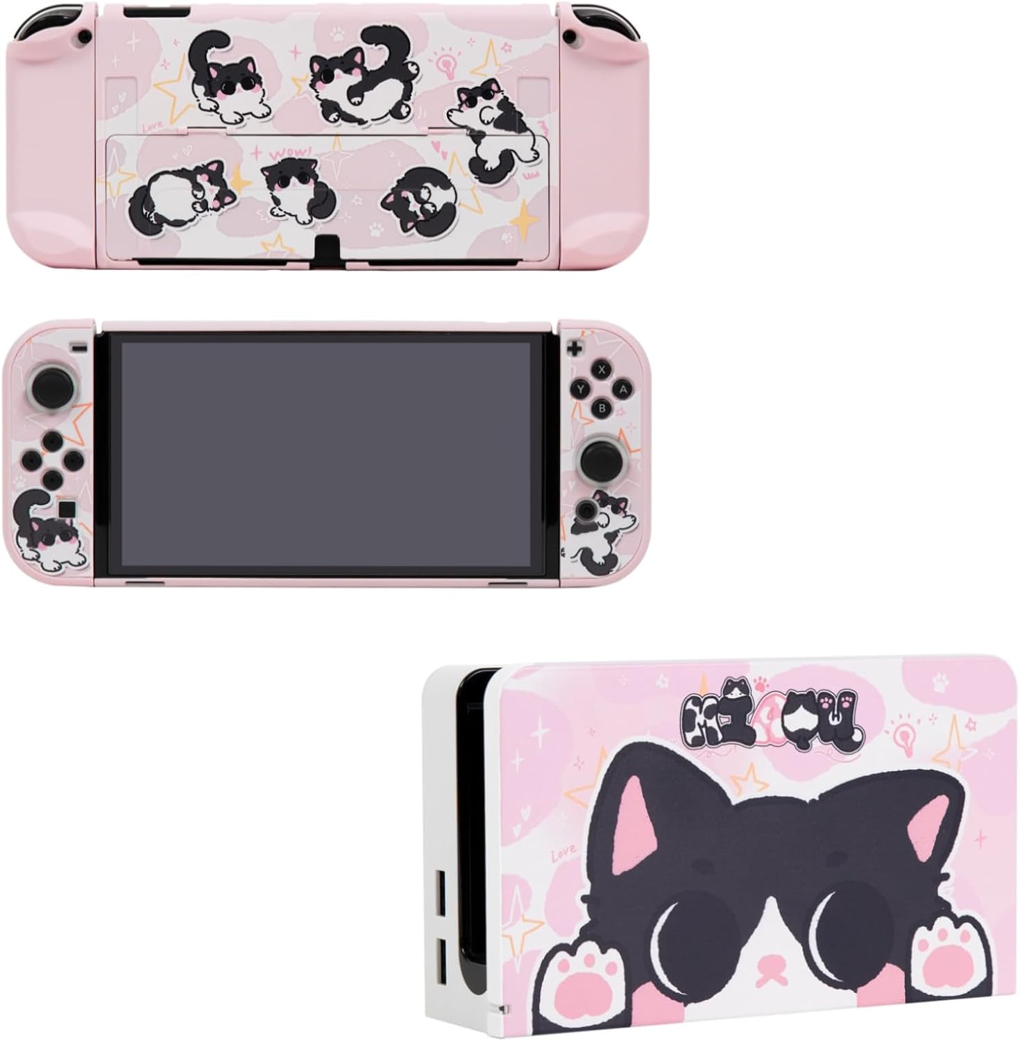 Pink Milk Cat Switch/OLED Protective Case & Dock Cover Set, Protective Skin Case Cover Faceplate Compatible with Nintendo Switch/OLED Console, Joy-Cons and Charging Dock (for Switch OLED)