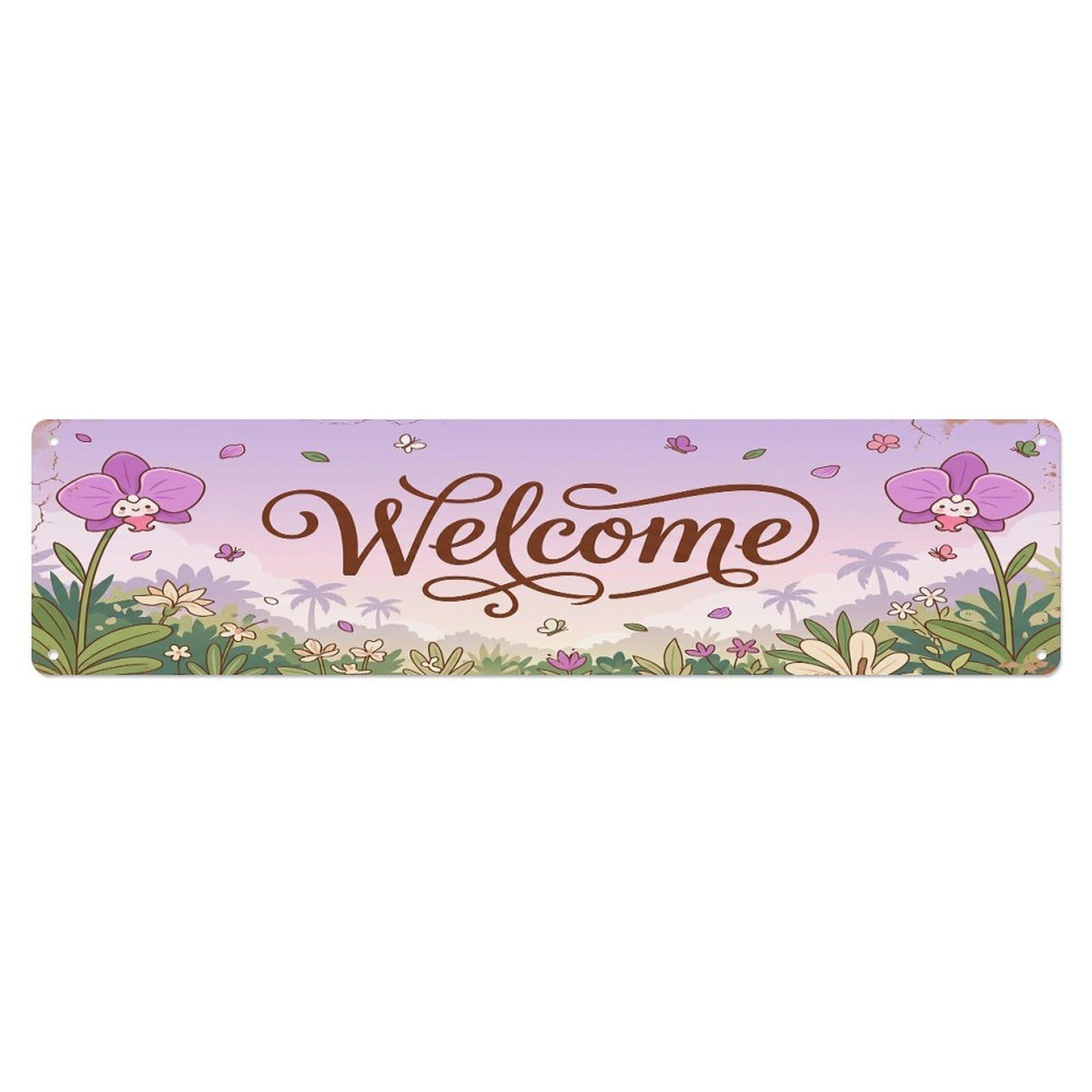 Cxhjca 4X16inch(10X40cm) Vintage Welcome Orchid Tropical Metal Tin Sign