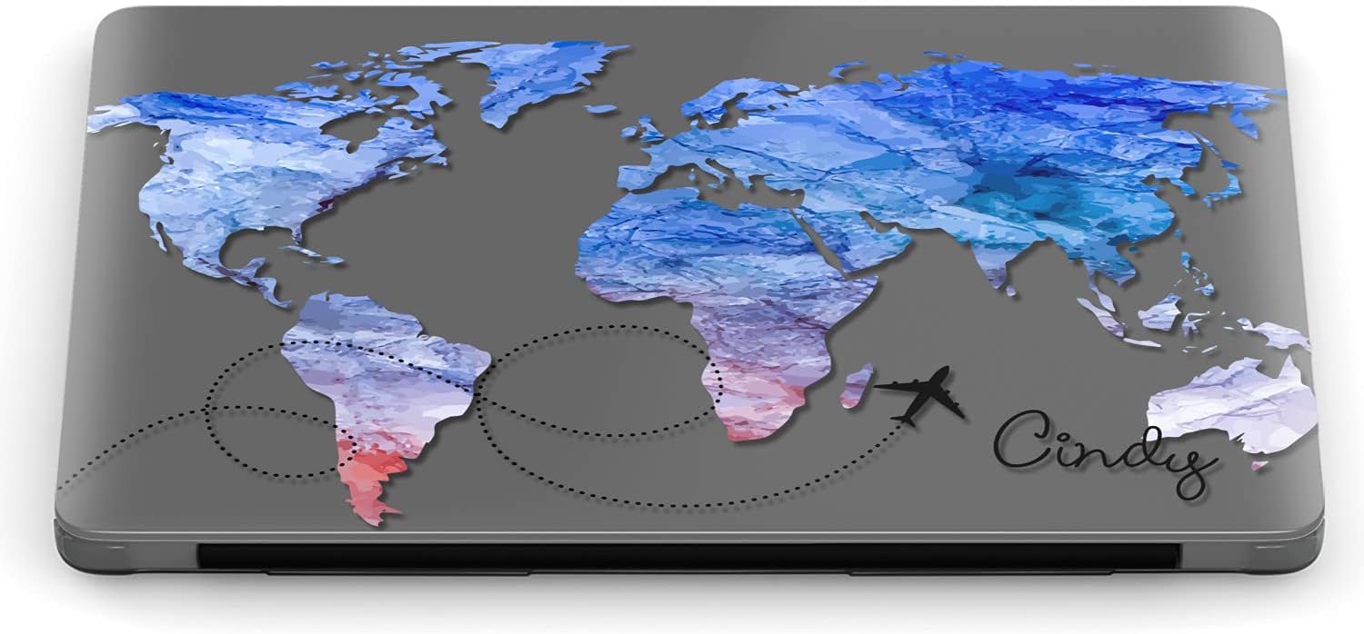 Mertak Hard Case Compatible with MacBook Pro 16 14 Air 15 13 inch M3 M2 M1 Mac 2024 2023 2022 2018 Name Print World Map Plastic Abstract Laptop Protective Custom Blue Travel Plane Cover Touch Bar