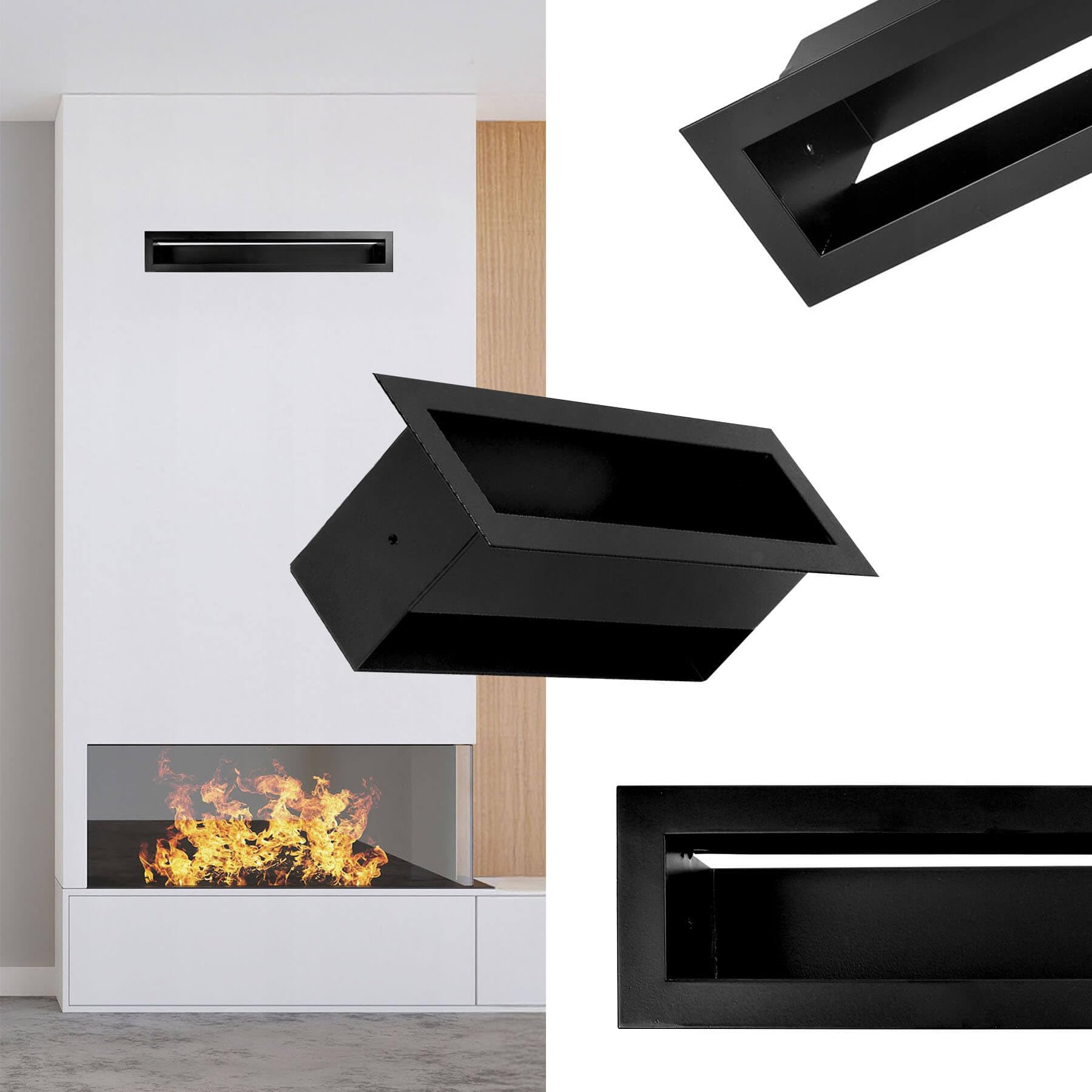 ADGO Griglia di Ventilazione per Camino, Griglia ad Aria Calda, Griglia di Scarico per Camino, Presa d'aria Nascosta, Rettangolare, Lunga, Verniciata a Polvere, Nero (10 x 30 cm)