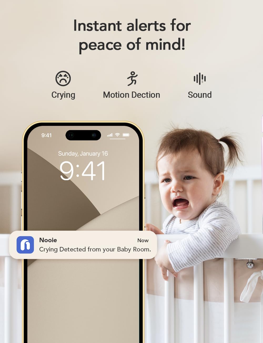 nooie 2K Baby Monitor Video e Audio, 5GHz Telecamera Bambini, Visione notturna, Audio Bidirezionale, Riconoscimento dei Pianti/Suoni e Temperatura, Tracciamento AI del Movimento, Funziona con Alexa