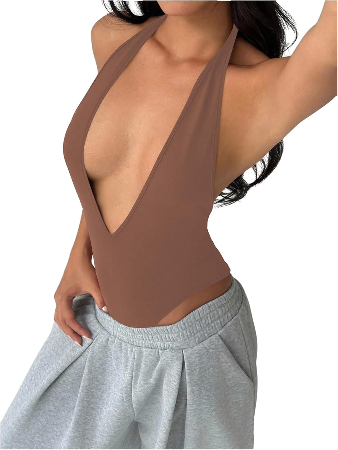 Milumia Women's Deep V Neck Halter Bodysuit Sexy Backless Slim Fit Going Out Top