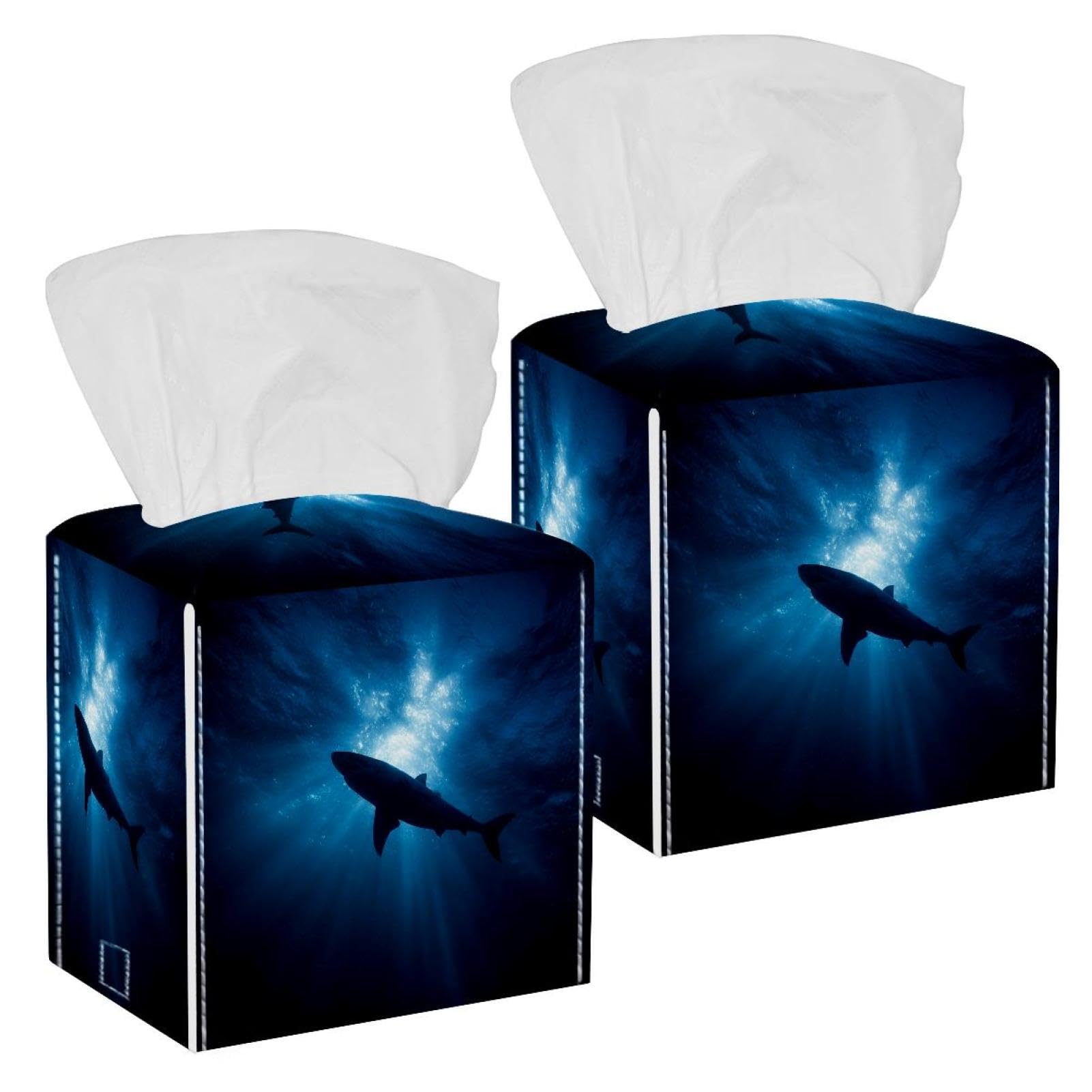 Shark Underwater Tissue Box Cover, 2 Pack PU Leather Square Facial Tissue Dispenser Box holder for Home Office Car