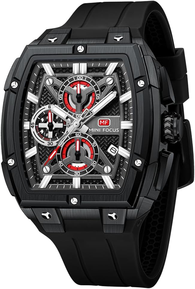 MF MINI FOCUS Men's Watch Analog Fashion Wrist Watch, Skeleton Tonneau Watch for Men with Chronograph,Ideal for Sports Enthusiasts and Daily Wear