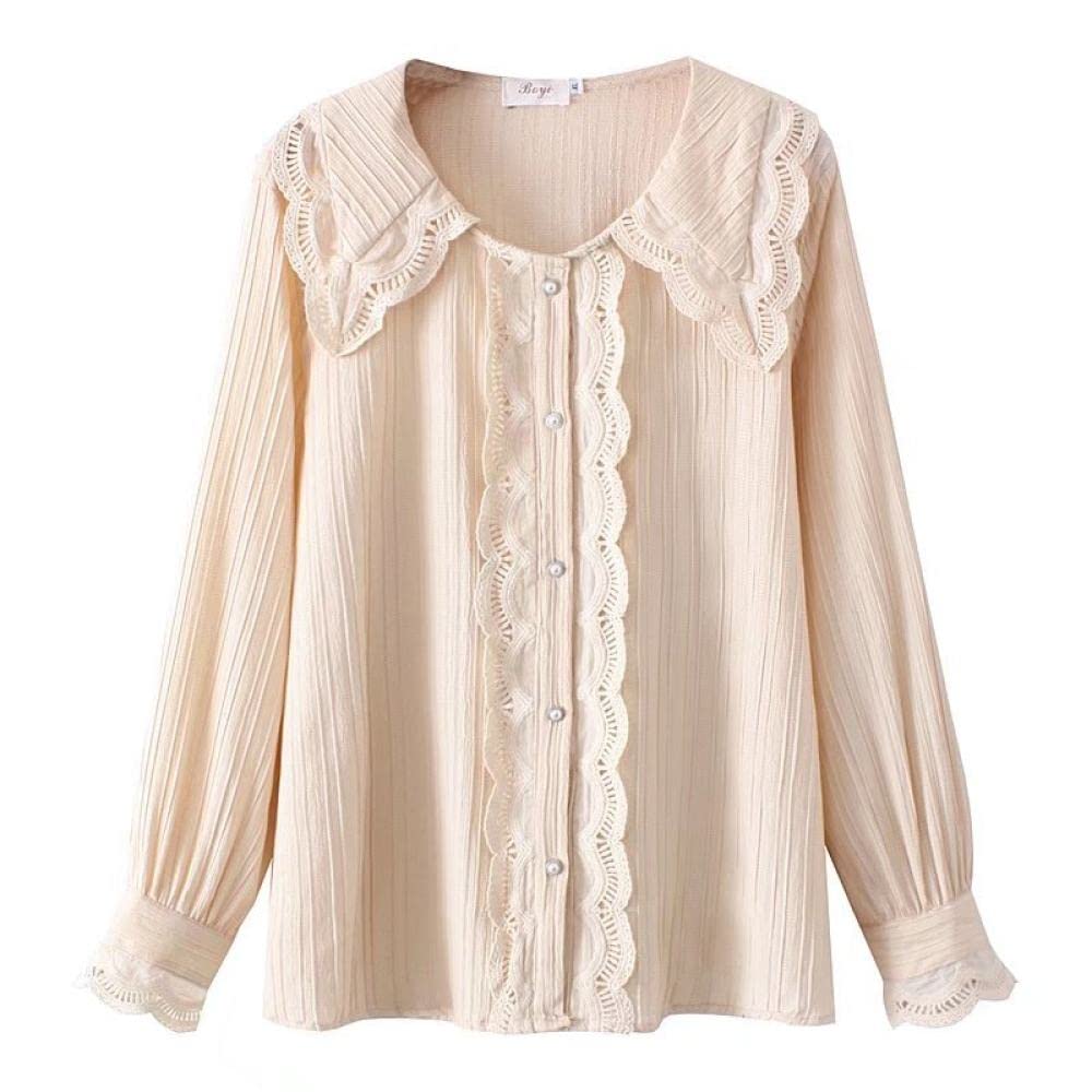 Hemd Damen,Damen Beige Baumwolle Rundhalsausschnitt Puppenkragen Spitze Knopf Süße Langarm Sommerblusen Elegant Lässig Stilvolle Oberteile Lockeres Hemd