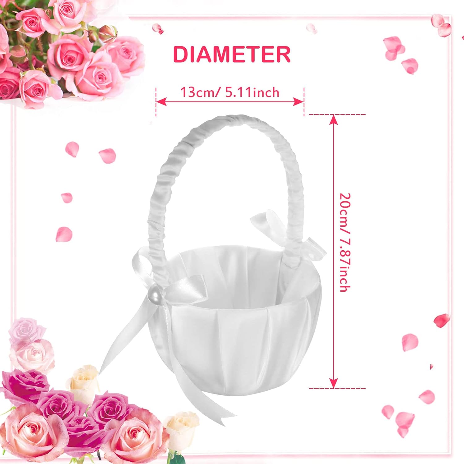 4PCS Flower Girl Basket for Wedding, White Satin Bowknot Flower Baskets Pearl Collection, Wedding Baskets for Flower Girls