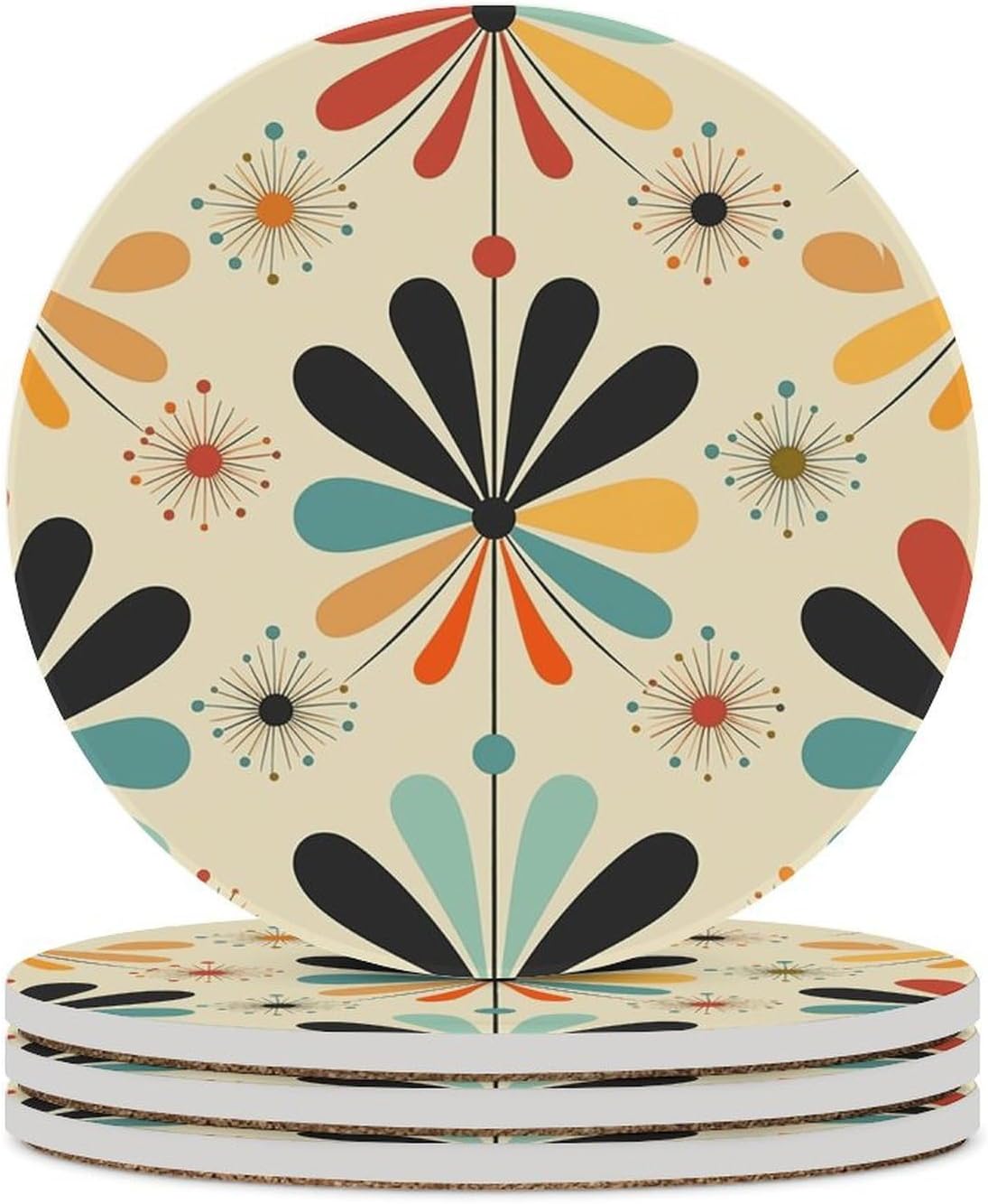 Retro Modern Coaster with Cork Base Drink Coasters for Coffee Table Decor Modern Cup Coasters with Non-Slip & Heat-Resistant Cute Ceramic Table Coaster for Home Dining