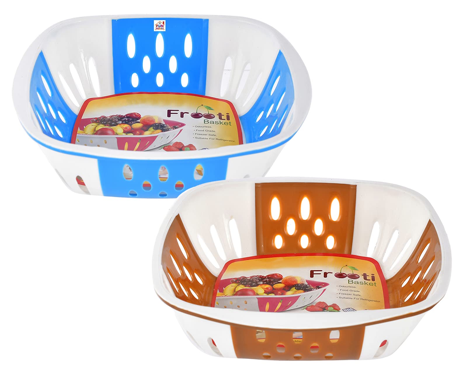 Fun Homes Large Plastic Fruit, vegetable Storage Basket- Pack of 2 (Blue & Brown)-HS42FUNH25403