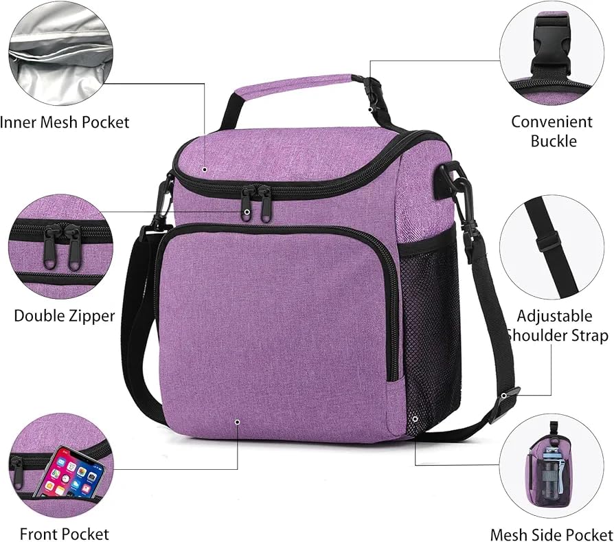Image of Insulated Lunch Bag with Shoulder Strap, Large Cooler Tote Bag, Black, for Work and Travel (Purple)