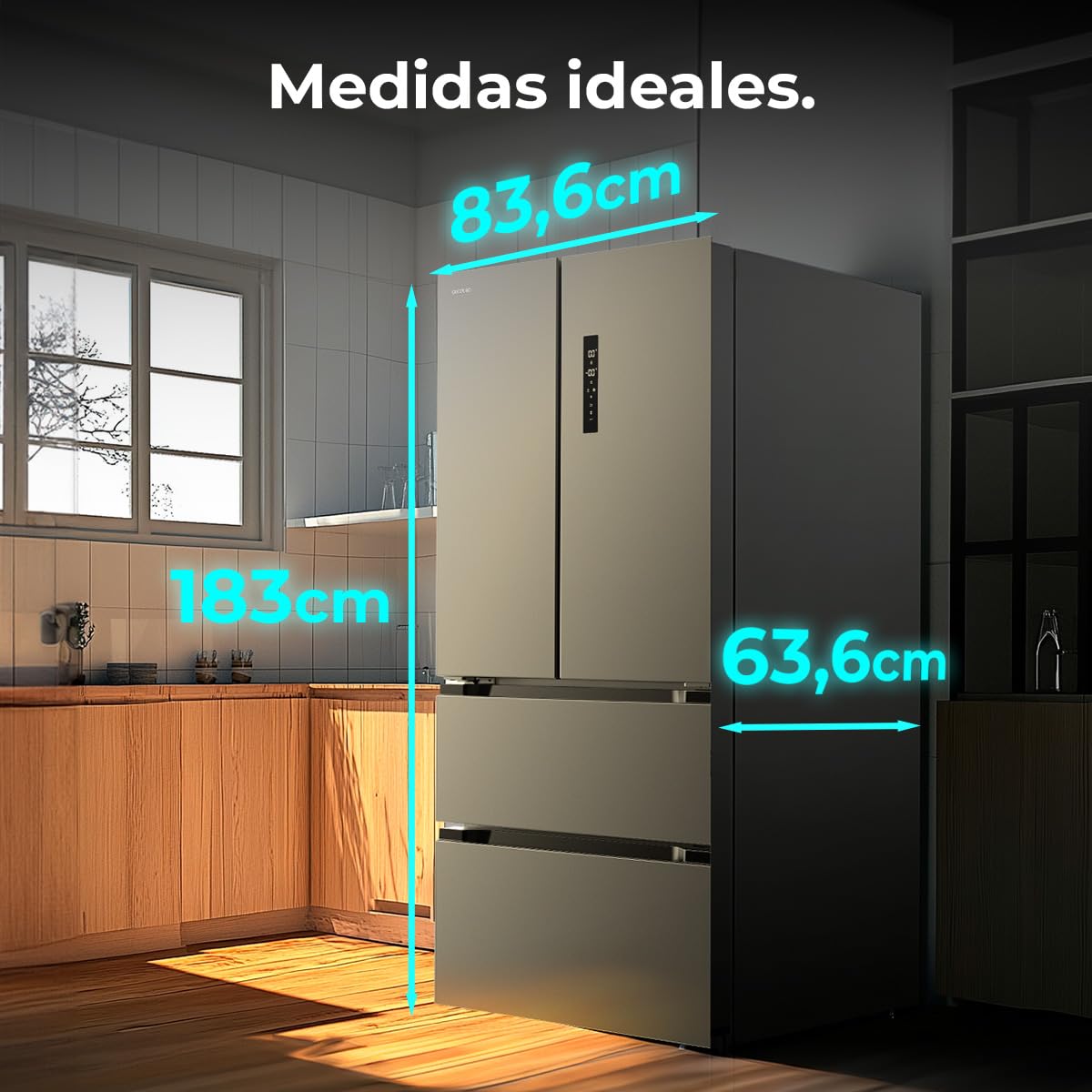 Cecotec Frigorífico puerta francesa Bolero CoolMarket FD 436 Dark E. Compresor Inverter Plus Frigorífico 4 Puertas Estilo Francés Dark 183X84Cm, 510L, No Frost, Clase Energética E, Metal Cooling