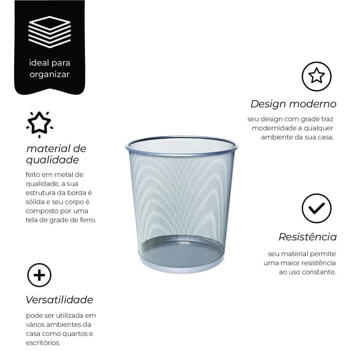 Lixeira de Metal 10L Aramado Telado e Resistente Ideal Para Escritório Cor Cinza Metálico