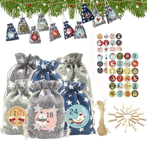 24 Sacs Calendrier de l'Avent de Noël, Sac Cadeau de Noël, Sachets de Confiserie Sac Toile de Jute Pochettes, avec 24 Numérique Autocollants+Mini Pinces en Bois, pour DIY Décoration Noël Cover