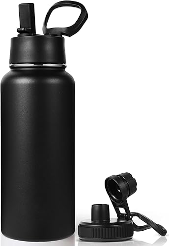 Miniatura 20 de Neihepal - Botellas de agua aisladas de 32 onzas a granel con 2 tapas (pajita y boquilla), botella de agua de acero inoxidable de doble pared, Azul