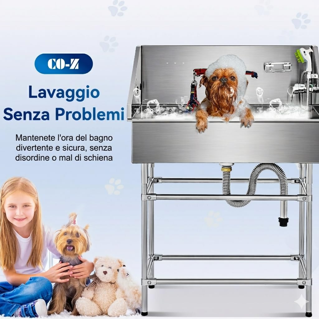 CO-Z 86 cm Vasca da Bagno per Cani Extra Elevata Altezza 120 cm, Vasca Toelettatura Professionale per Animali Domestici con Spruzzatore, Doccia per Toelettatura in Acciaio Inossidabile capacità 80 kg