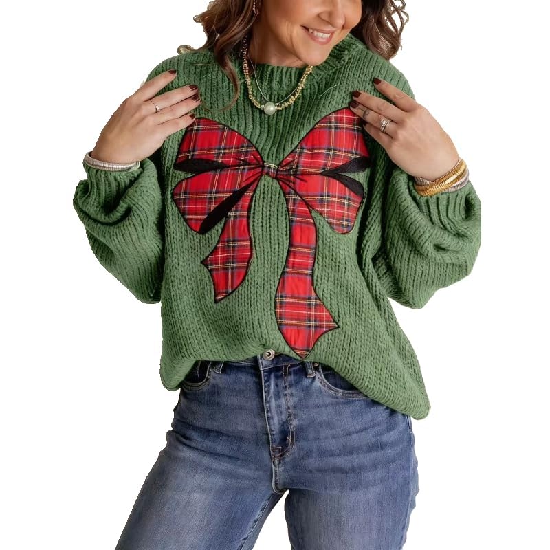 Melliflo Womens Long Sleeve Plaid Bow Sweater Fall Loose Fit Christmas Graphic Knit Sweater Oversized Cute Lightweight Tops