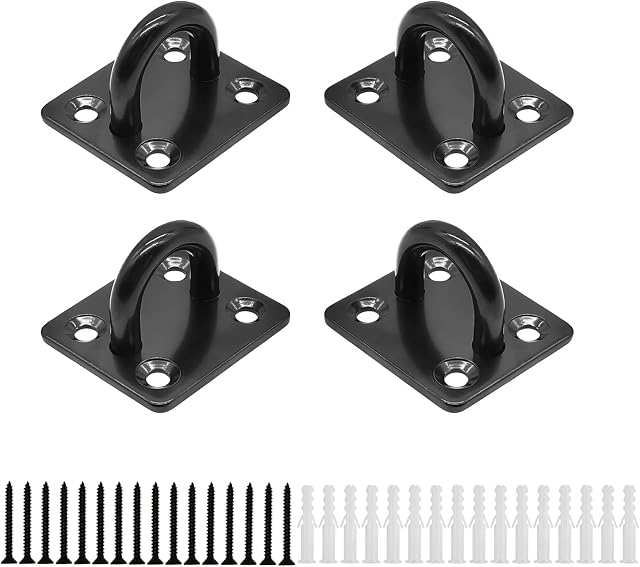 HOMPER 4 Pcs M6 Pad Eye Plates Black,304 Stainless Steel Marine Hardware Staple Hook Loop With 16 Screws and Plastic Plugs, Used for Hanging Basket Planters, Roof Beam, Ceiling Fan, Shade Sail, etc