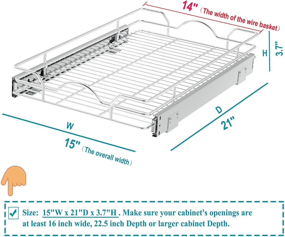 OCG Pull Out Cabinet Organizer (15" W x 21" D), Pull out Drawers, Cabinet Pull Out Shelves for Base Cabinet Organization in Kitchen Bathroom Pantry, Bottom Mount, Chrome Finish - Image 2