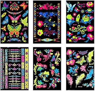 6 Large Sheet Glow UV Neon Temporary Tattoos Halloween Waterproof Tattoo Stickers Body Art Temporary Tattoos Christmas Luminous Temporary Tattoos Fluorescent Tattoo Stickers Neon Tattoos Glow in Dark