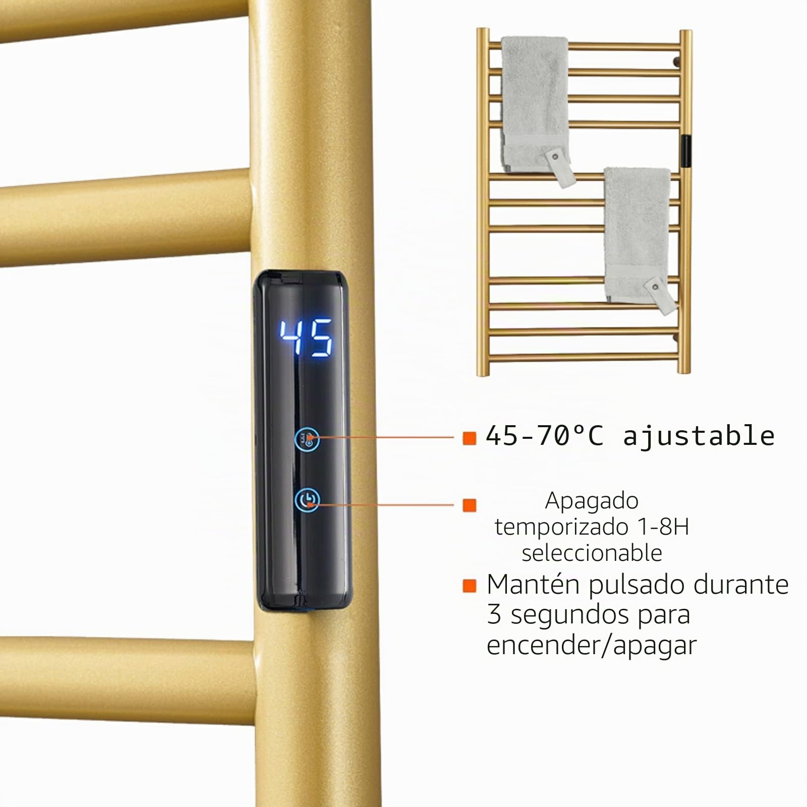 Radiador Toallero Eléctrico Dorado Independiente Y Montado En La Pared Calentador De Toallas para Baño con Temporizador E Indicador LED, 11 Barras Secador De Toallas De Acero Inoxidable 304