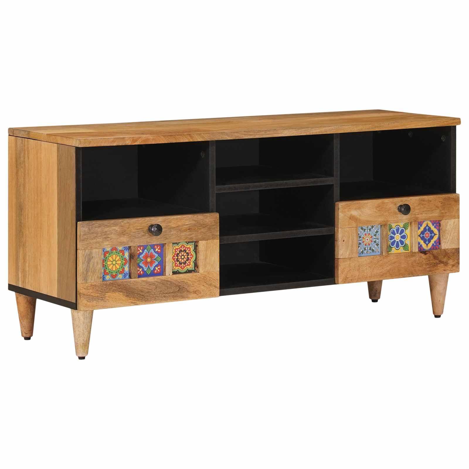 Mobile TV in legno massello di mango naturale, 100 x 33 x 46 cm, con ripiano e cassetti, per soggiorno, home theater, gaming, CD e DVD