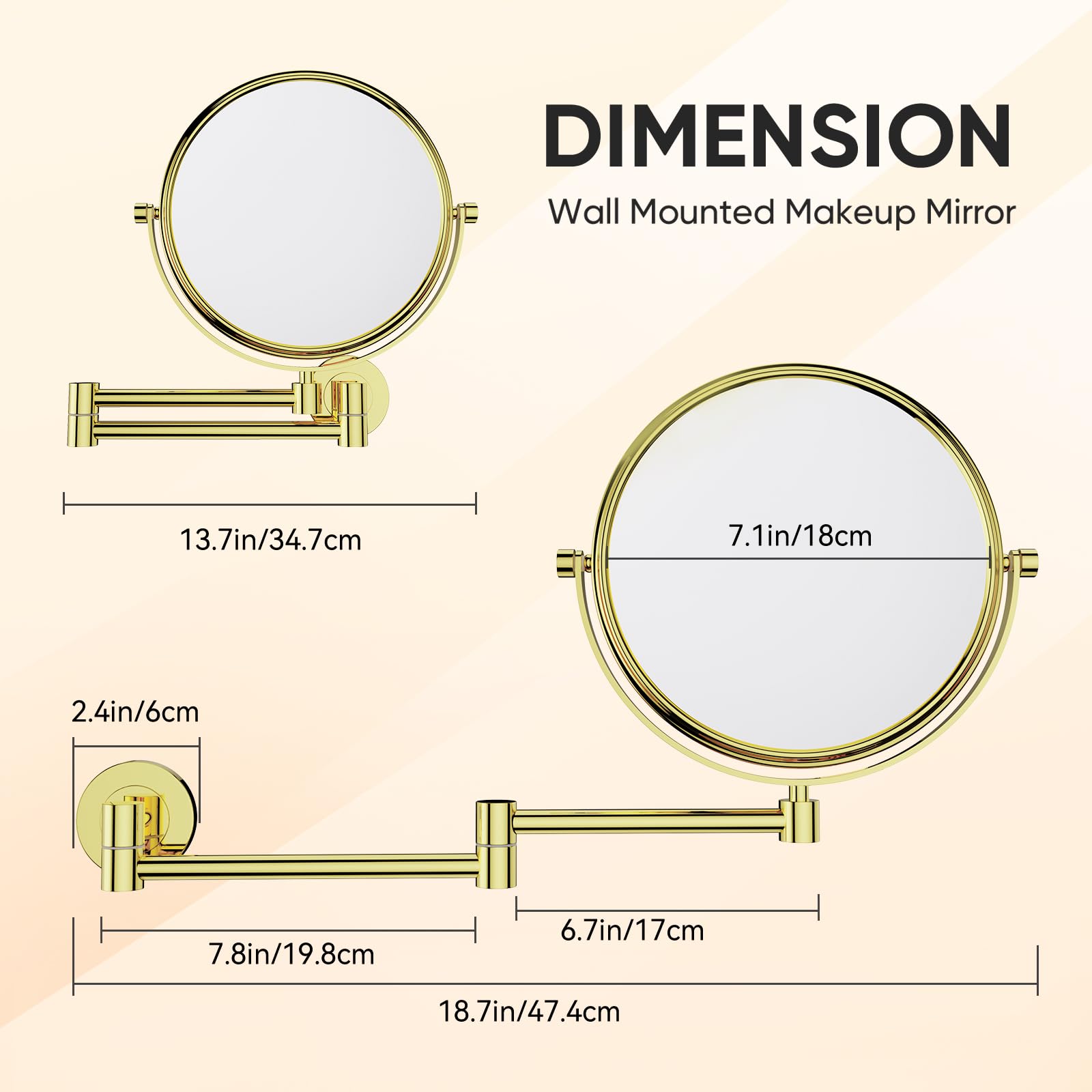 Nicesail Specchio Ingranditore da Parete 10x Specchio Trucco Oro Brillante Specchio Estensibile da Bagno Specchio da Barba Uomo con Braccio Flessibile,Diametro 20 cm