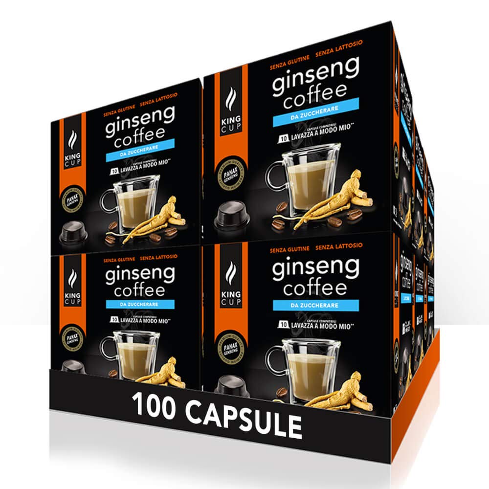 King Cup - 10 Confezioni da 10 Capsule di Ginseng da Zuccherare, 100 Capsule 100% Compatibili con Sistema Lavazza a Modo Mio di Bevanda al Gusto di Ginseng, Senza Glutine e Senza Lattosio