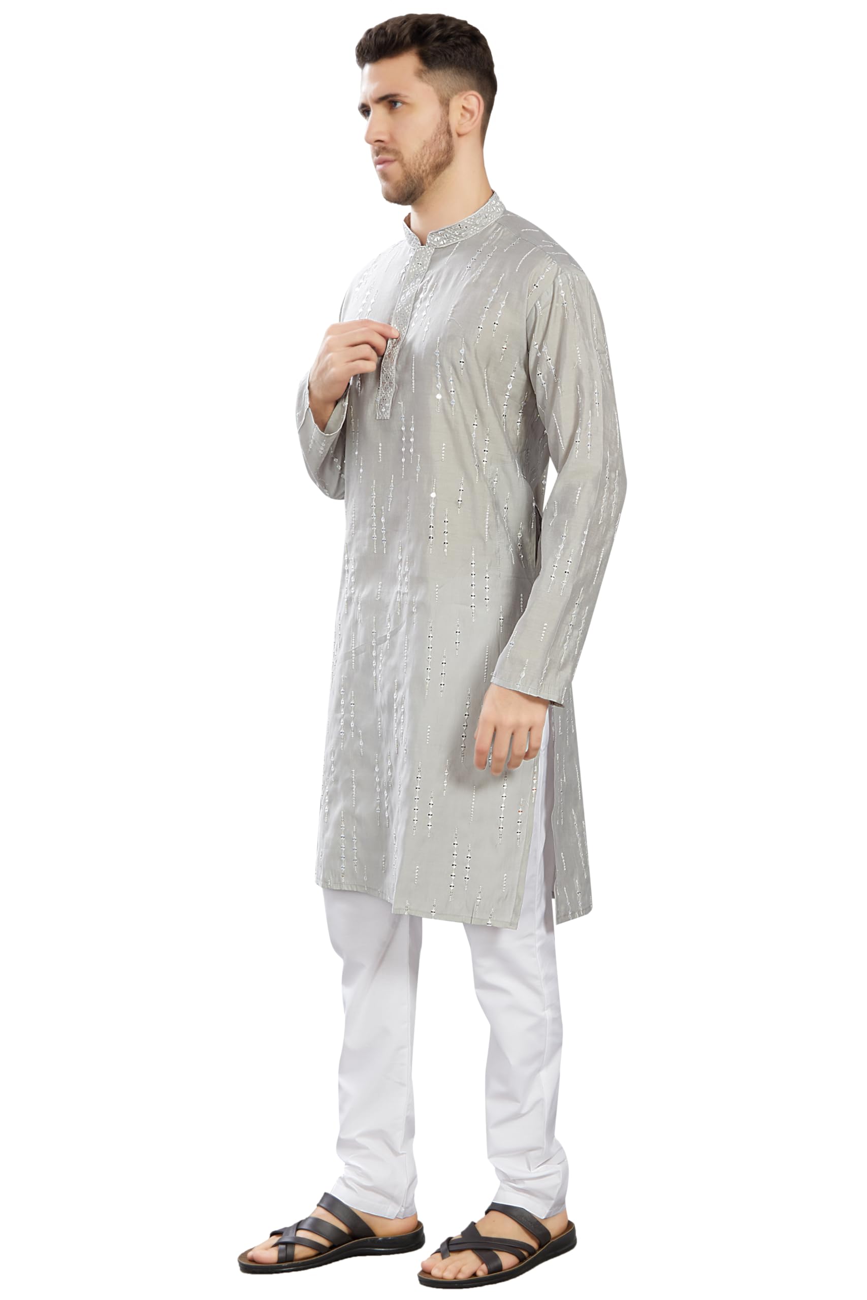Divisive Men's Mirror Embroidered Silk Blend Only Slim Fit Kurta (Dkrt812_Xl_Grey)
